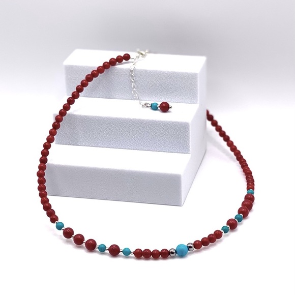 Red Coral & Turquoise Choker Necklace - Picture 4 of 10
